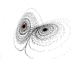 A print of the Lorenz attractor, drawn as thousands of points