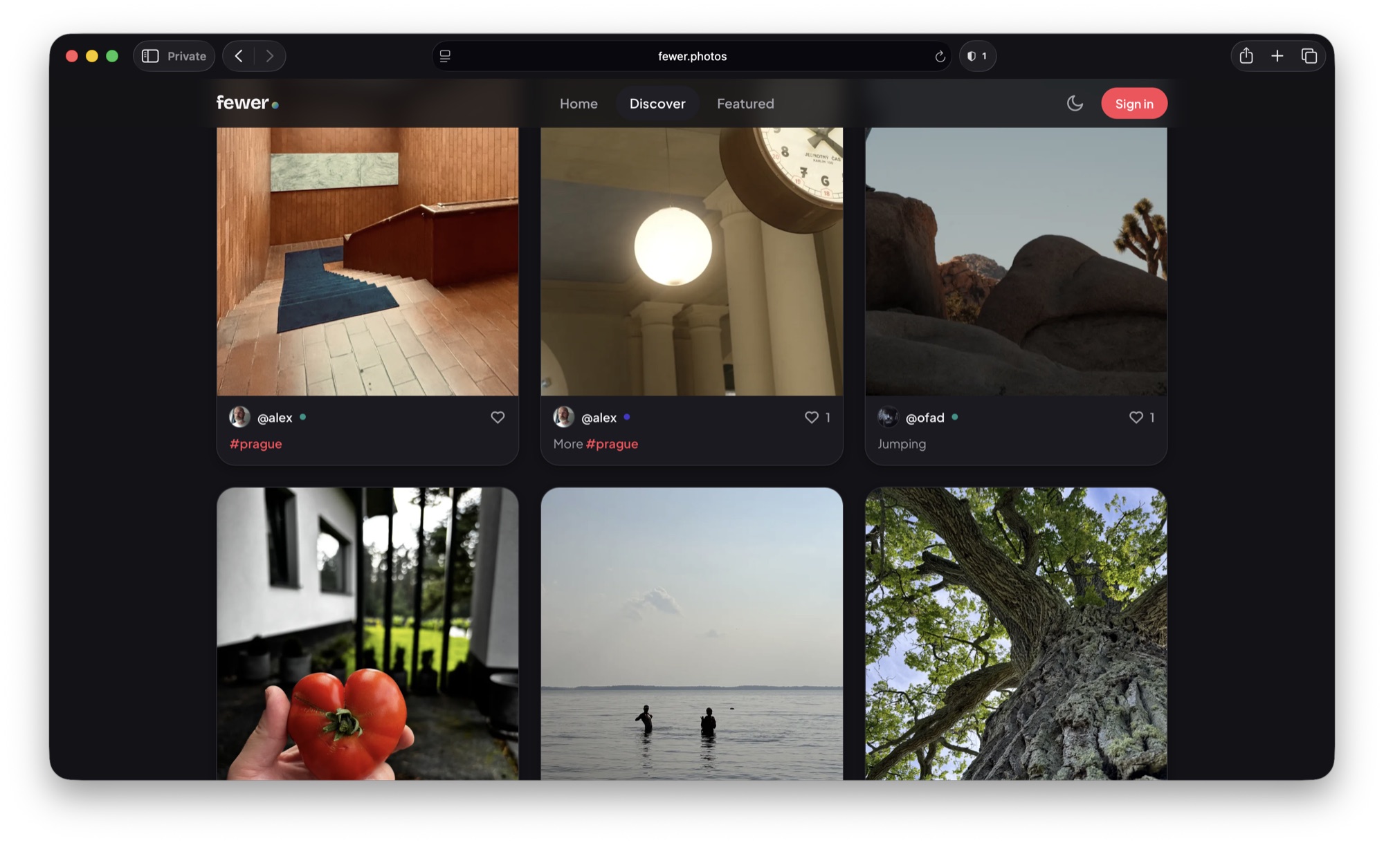 Discover on fewer.photos — every public frame, newest first, with the poster's handle and the cycle it belongs to.