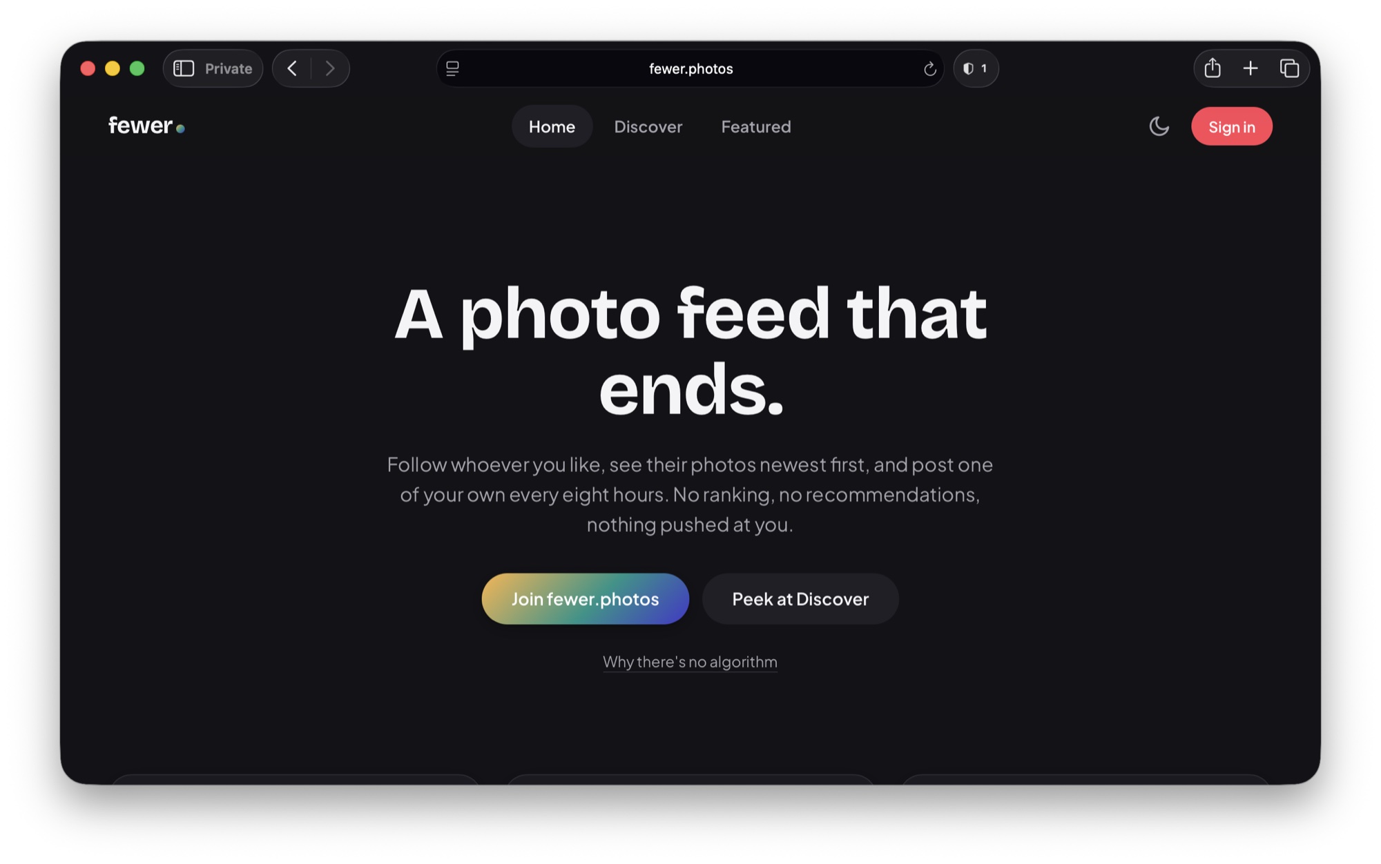 The fewer.photos home page: "A photo feed that ends." Follow whoever you like, see their photos newest first, and post one of your own every eight hours.