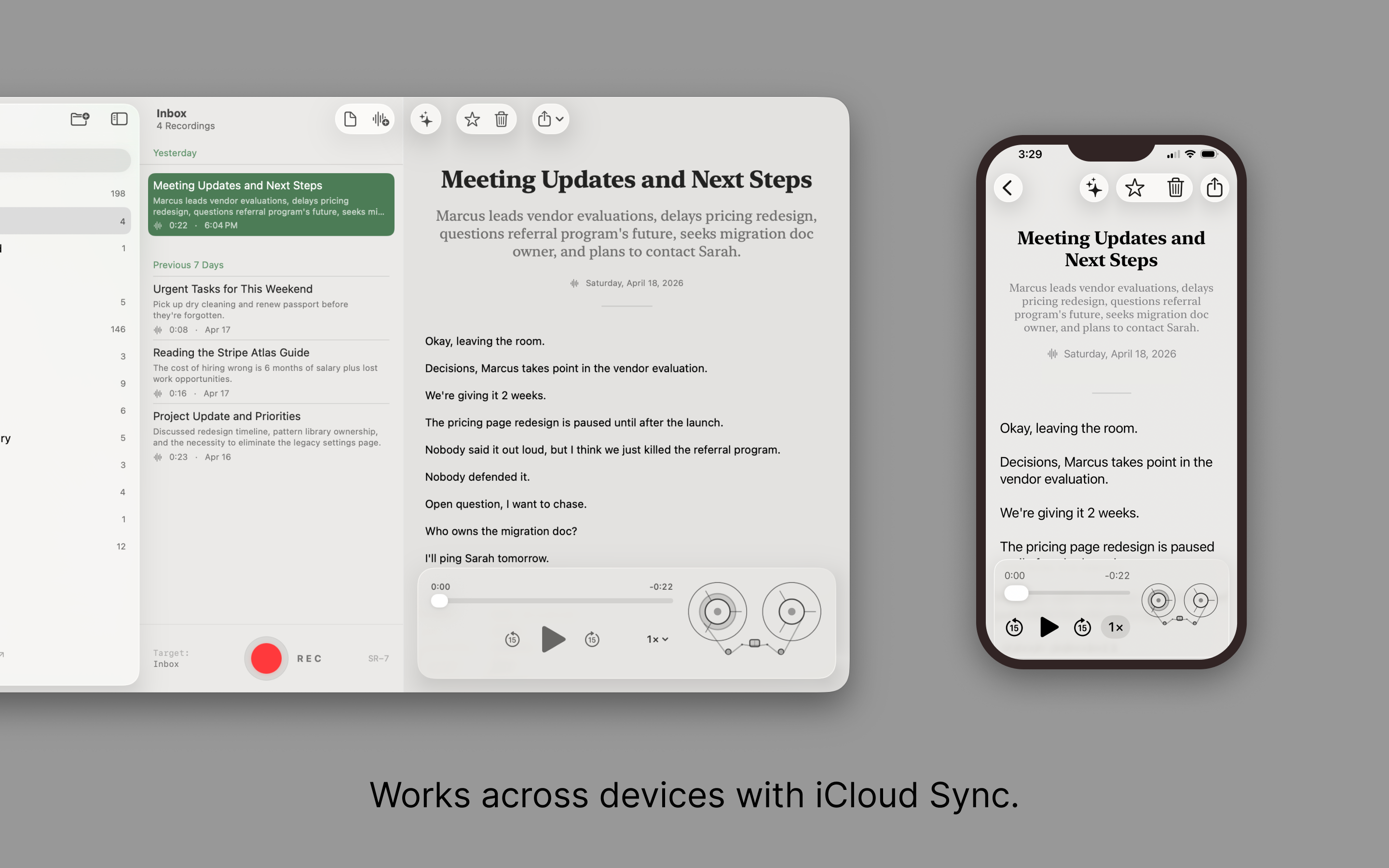 The same SR-7 recording — a transcribed, summarised meeting note — open side by side on Mac and iPhone, kept in step through iCloud sync.